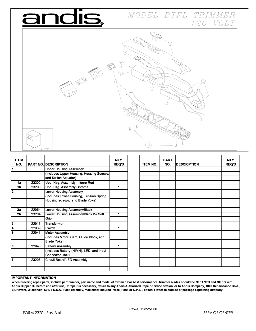 Andis Company BTFL manual FORM 23201 Rev-A.xls, Service Center, Part, Description, Reqd, Item No, Important Information 