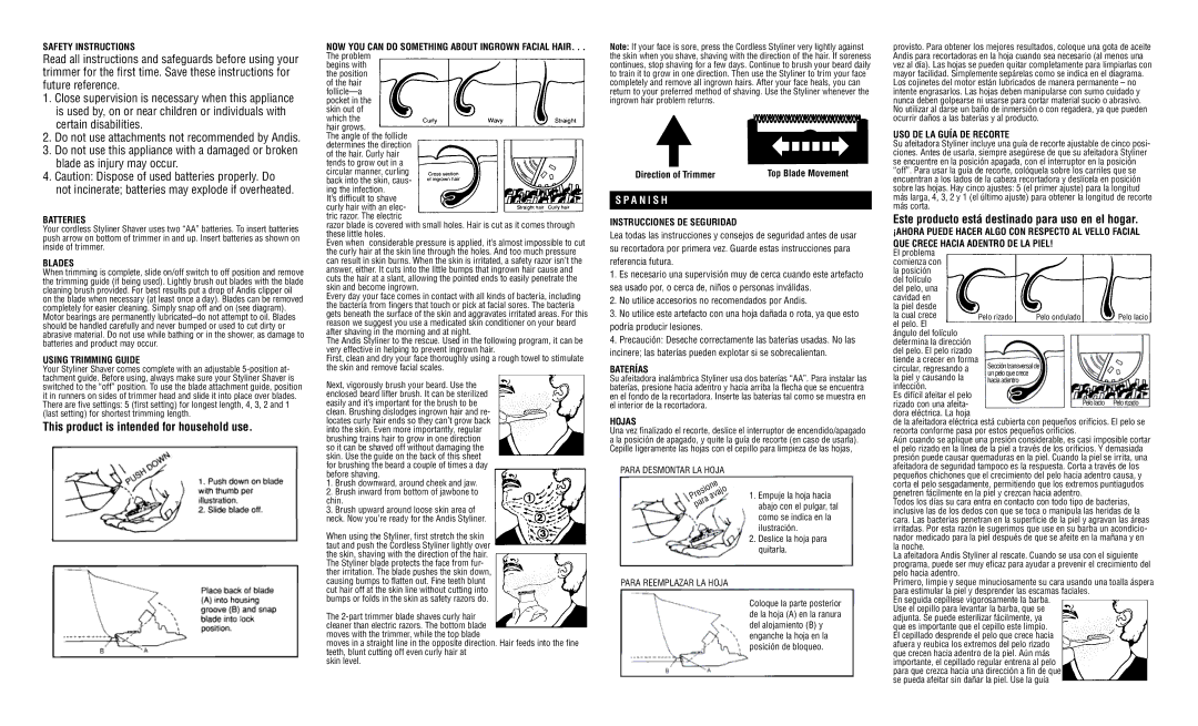 Andis Company BTS Safety Instructions, Batteries, Blades, Using Trimming Guide, Instrucciones DE Seguridad, Baterías 