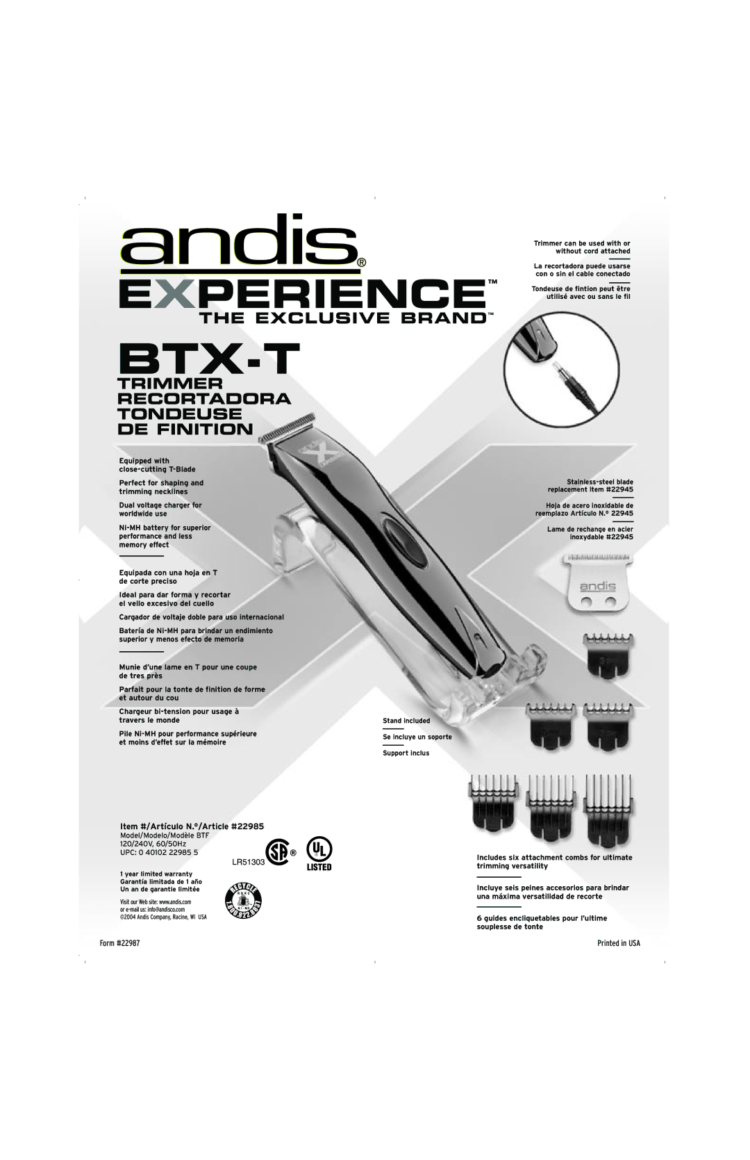 Andis Company BTX-T manual Exclusive Brand, Trimmer Recortadora Tondeuse DE Finition 