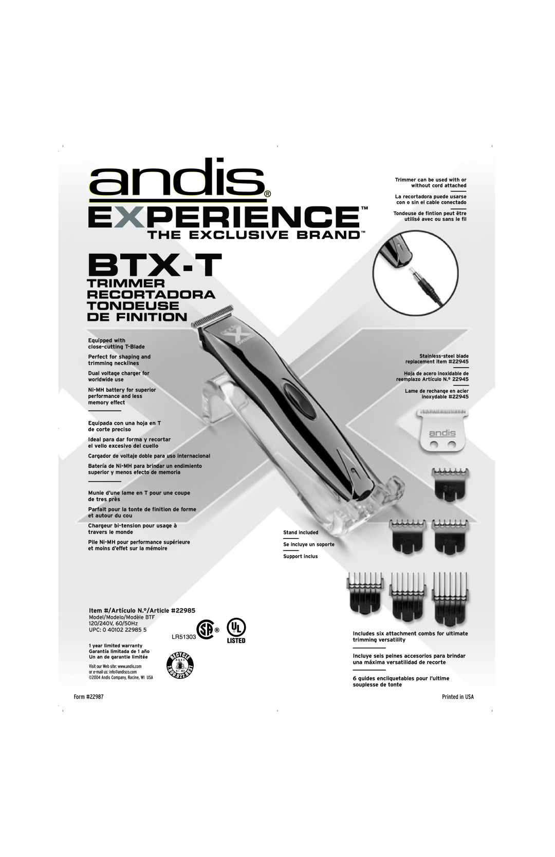 Andis Company BTX-T manual Btx-T, Experience, The Exclusive Brand, Trimmer Recortadora Tondeuse De Finition, Form #22987 