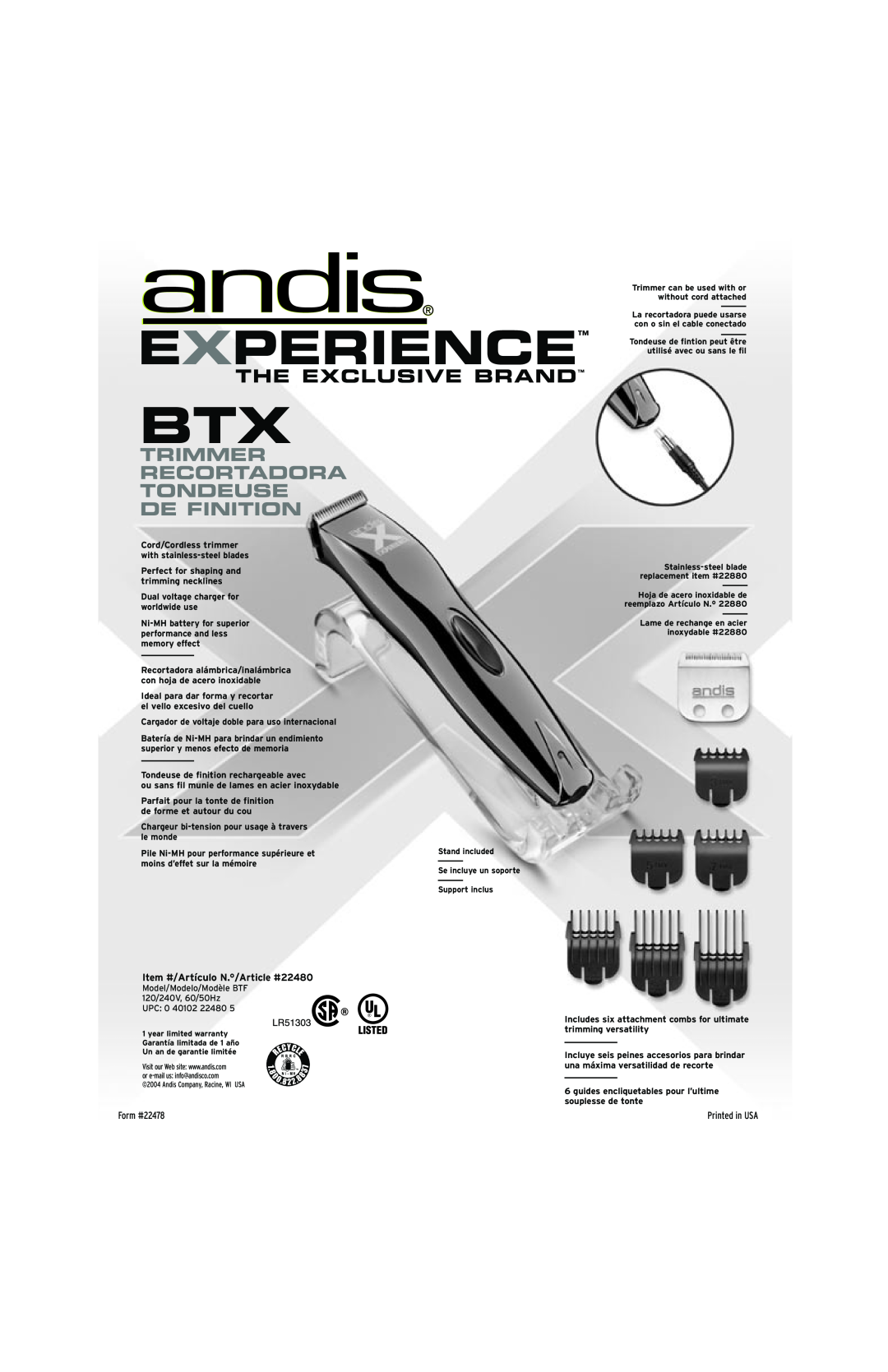 Andis Company BTX manual Experience, The Exclusive Brand, Trimmer Recortadora Tondeuse De Finition, Form #22478 