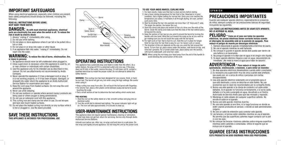 Andis Company C1-71M, C1-74M warranty Operating Instructions, Precauciones Importantes, Keep Away from Water 