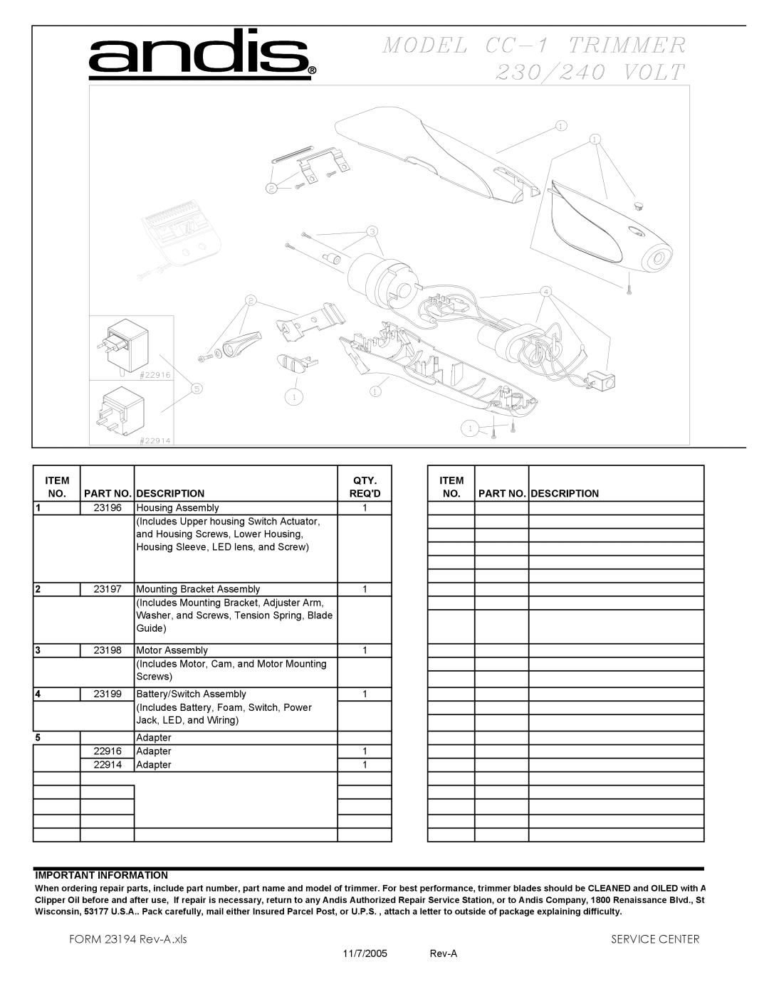 Andis Company CC-1 manual Qty, Description Reqd, Part NO. Description Important Information 