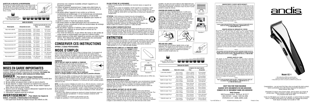 Andis Company CC-1 warranty Entretien, Mode D’EMPLOI 