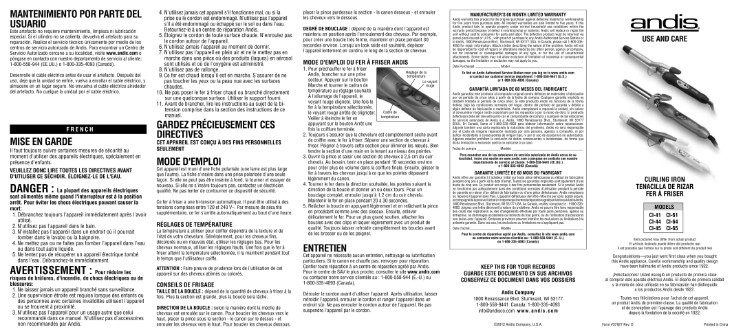 Andis Company CI-44 warranty Mantenimiento Por Parte Del Usuario, Mise En Garde, Mode Demploi, Entretien, F R E N C H 
