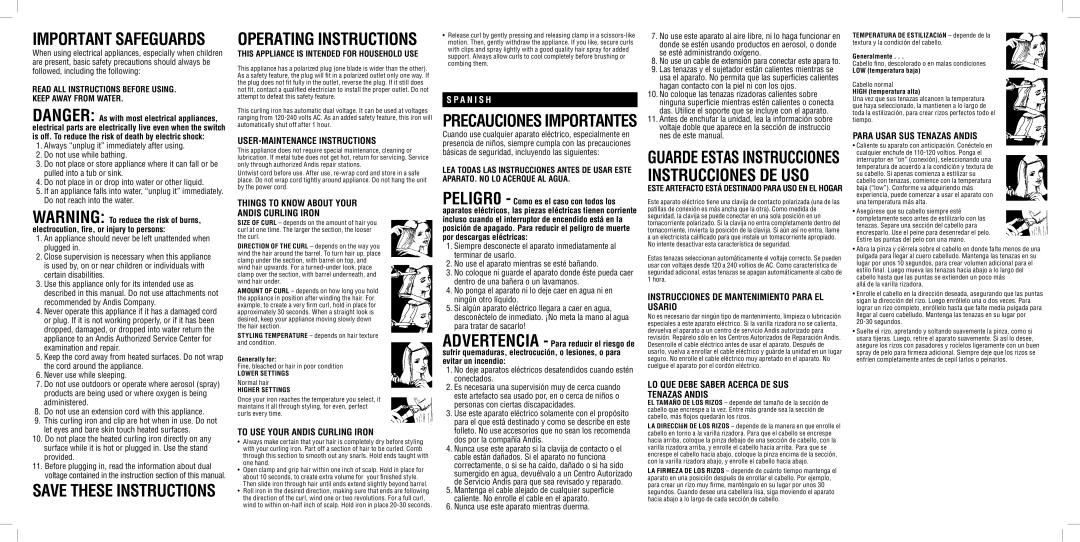 Andis Company CI-65 warranty USER-MAINTENANCE Instructions, To USE Your Andis Curling Iron, Para Usar SUS Tenazas Andis 