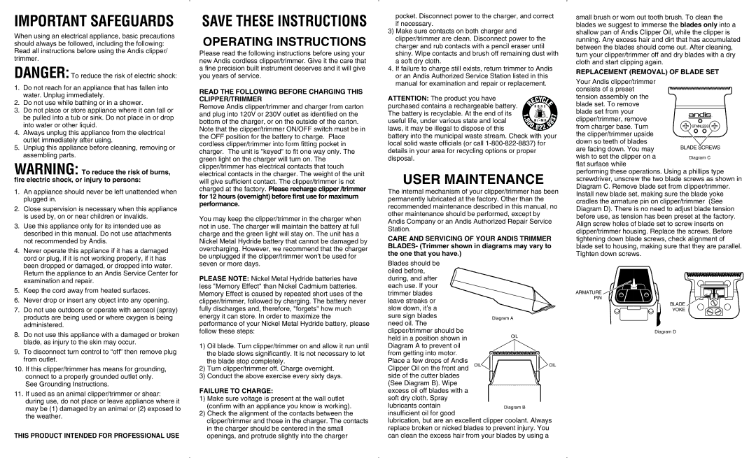 Andis Company clipper/ trimmer manual Important Safeguards, User Maintenance 