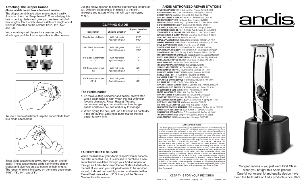 Andis Company clipper/ trimmer manual Attaching The Clipper Combs, Preliminaries, Factory Repair Service 