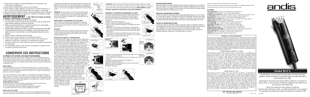 Andis Company clipper warranty Le débrancher immédiatement, Ne pas utiliser cet appareil dans le bain ou sous la douche 