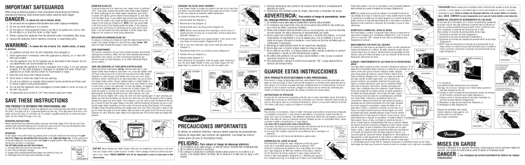 Andis Company clipper warranty Do not use while bathing or in a shower, Do not place in or drop into water or other liquid 