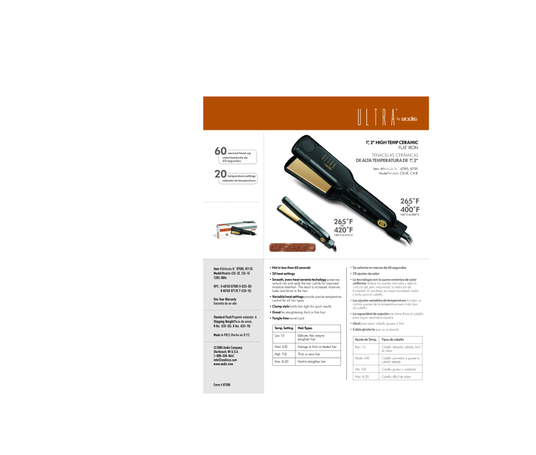 Andis Company CSI-2E warranty 265˚F 400˚F, 265˚F 420˚F, High Temp Ceramic, Flat Iron, Tenacillas Cerámicas 