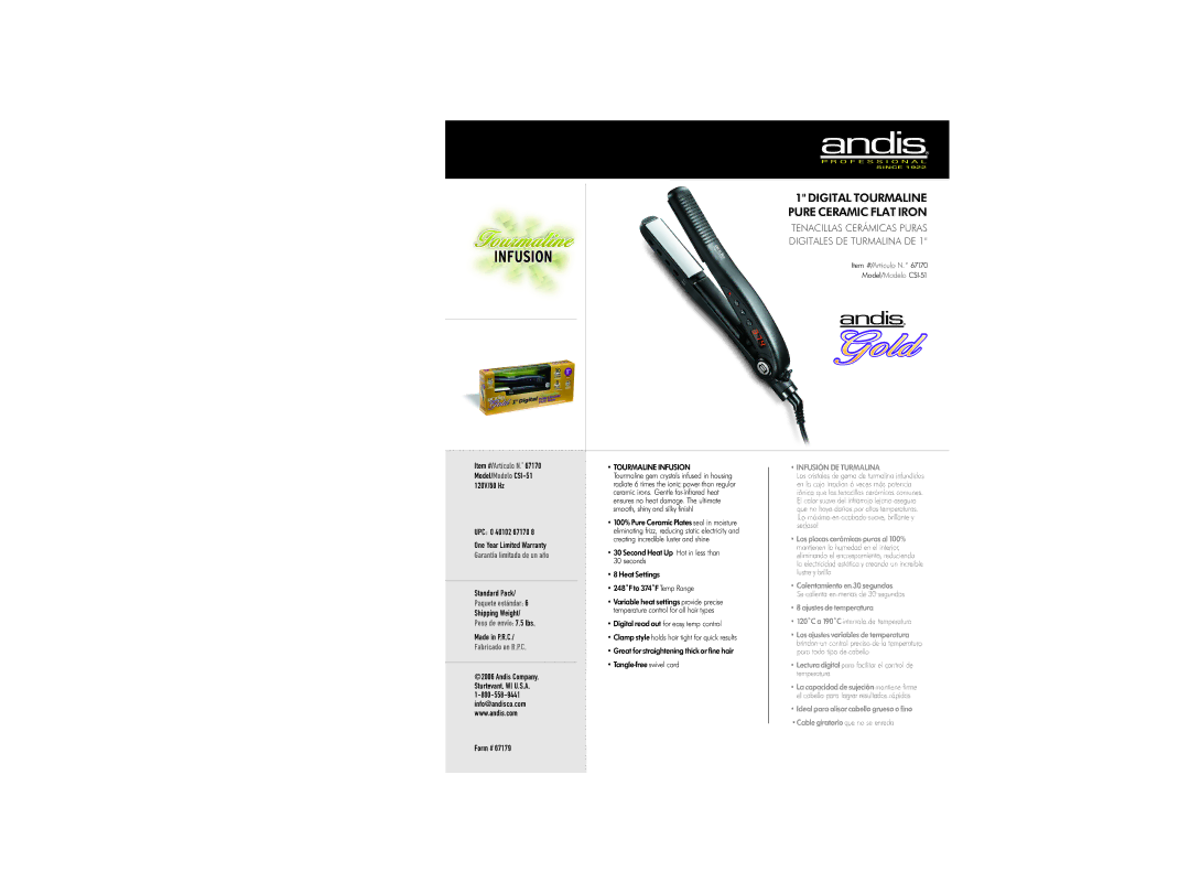 Andis Company CSI-51 warranty Digital Tourmaline Pure Ceramic Flat Iron, Tourmaline Infusion, Infusión DE Turmalina 