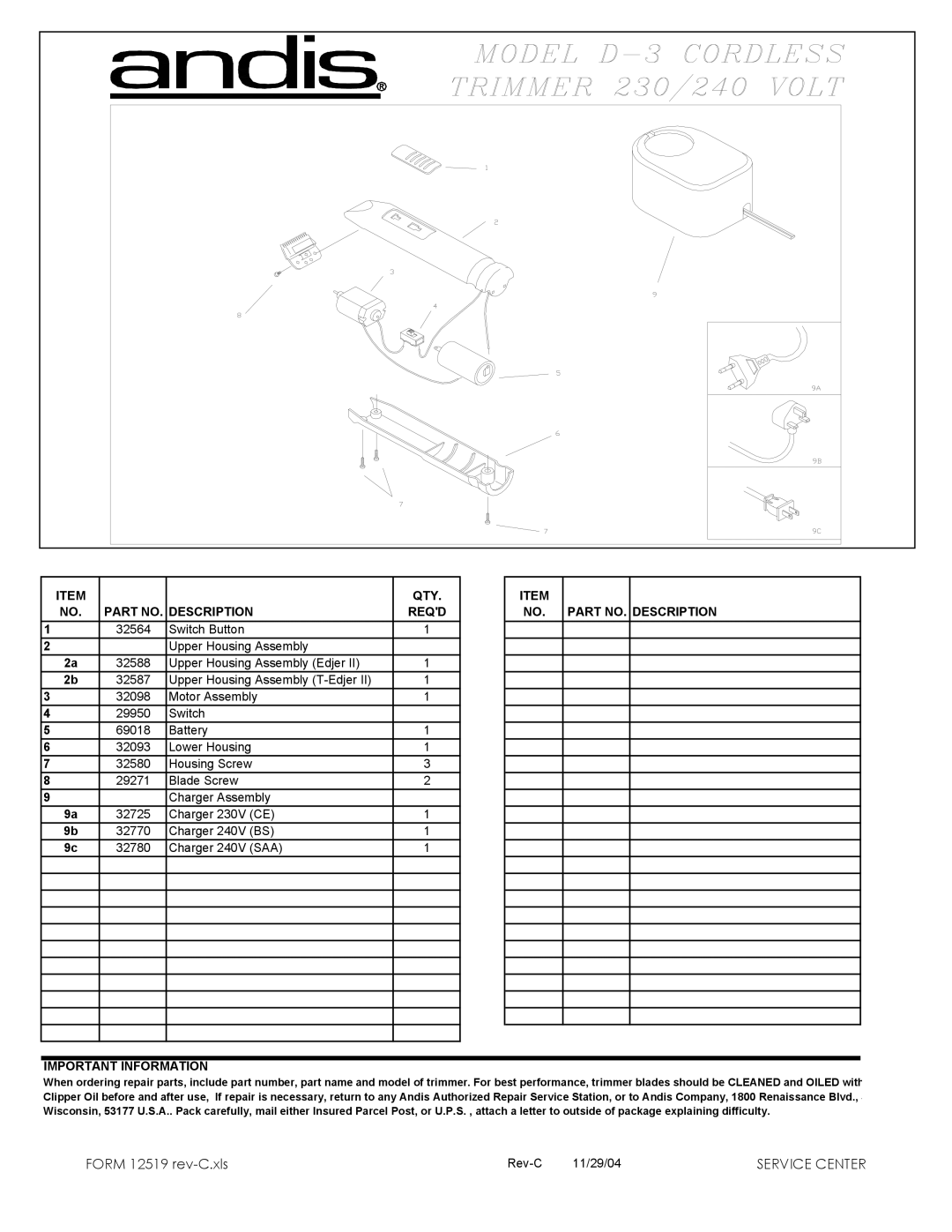 Andis Company D-3 manual QTY Description Reqd, Important Information 