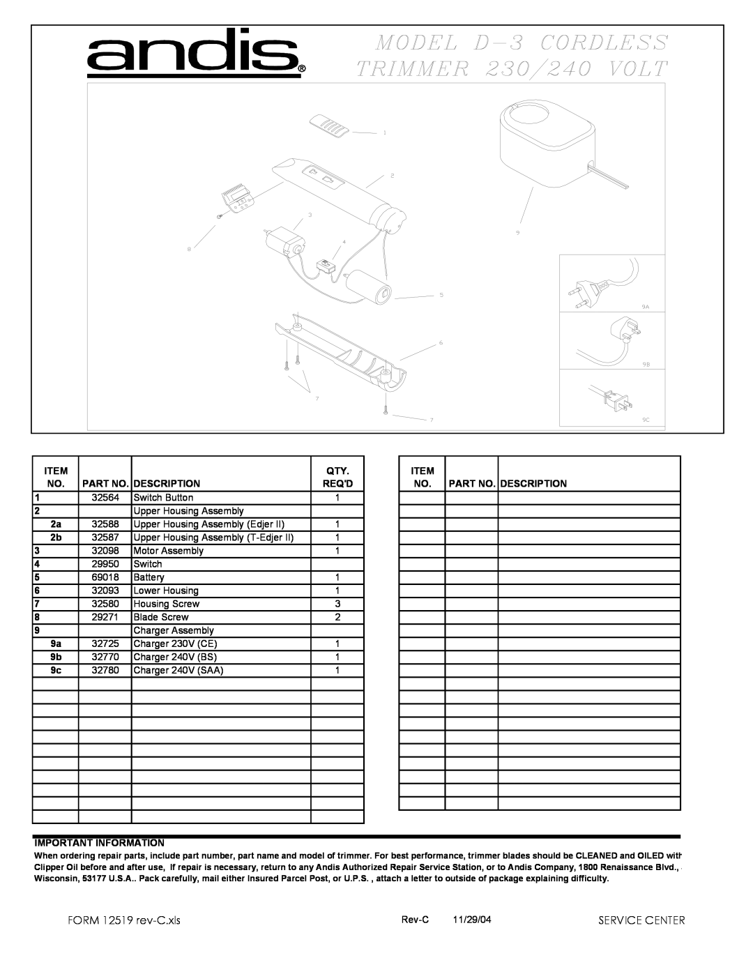 Andis Company D-3 manual FORM 12519 rev-C.xls, Service Center, Description, Reqd, Important Information 