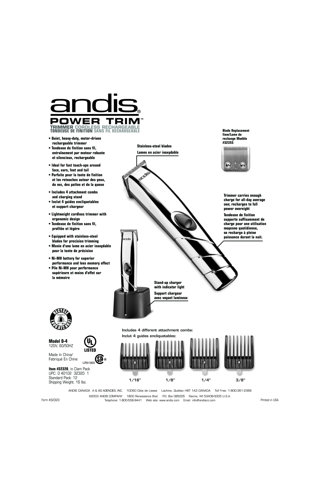 Andis Company D-4 120V Power Trim, Model D-4, Trimmer Cordless Rechargeable, Tondeuse De Finition Sans Fil Rechargeable 