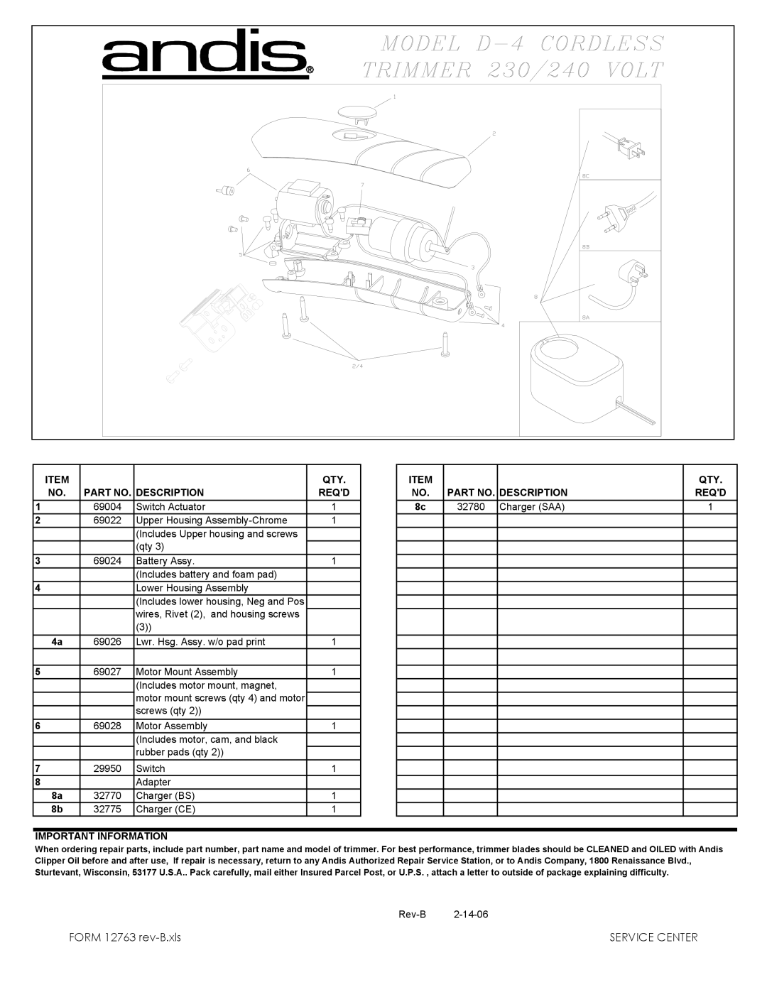 Andis Company D-4 manual QTY Description Reqd, Important Information QTY Reqd 