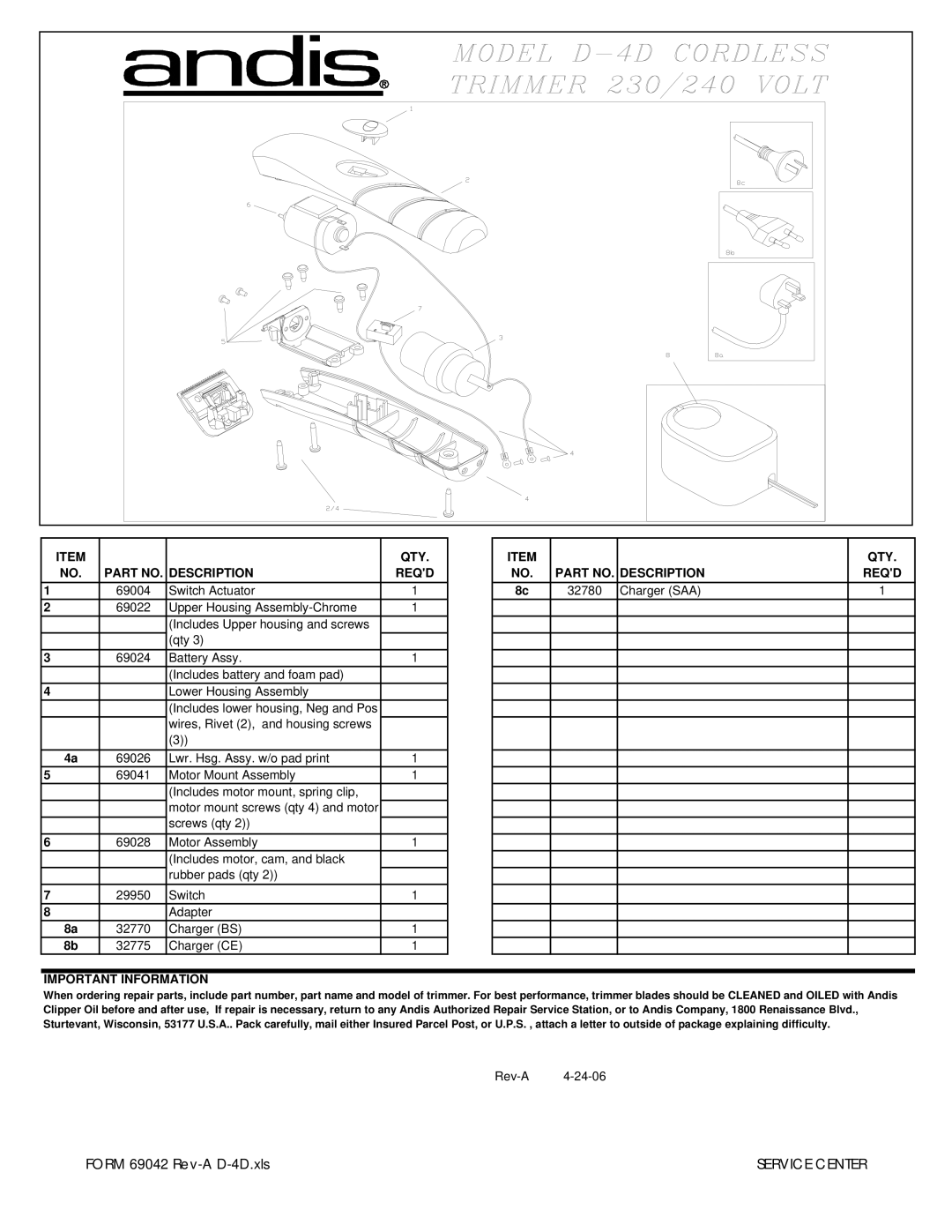 Andis Company D-4D manual QTY Description Reqd, Important Information QTY Reqd 