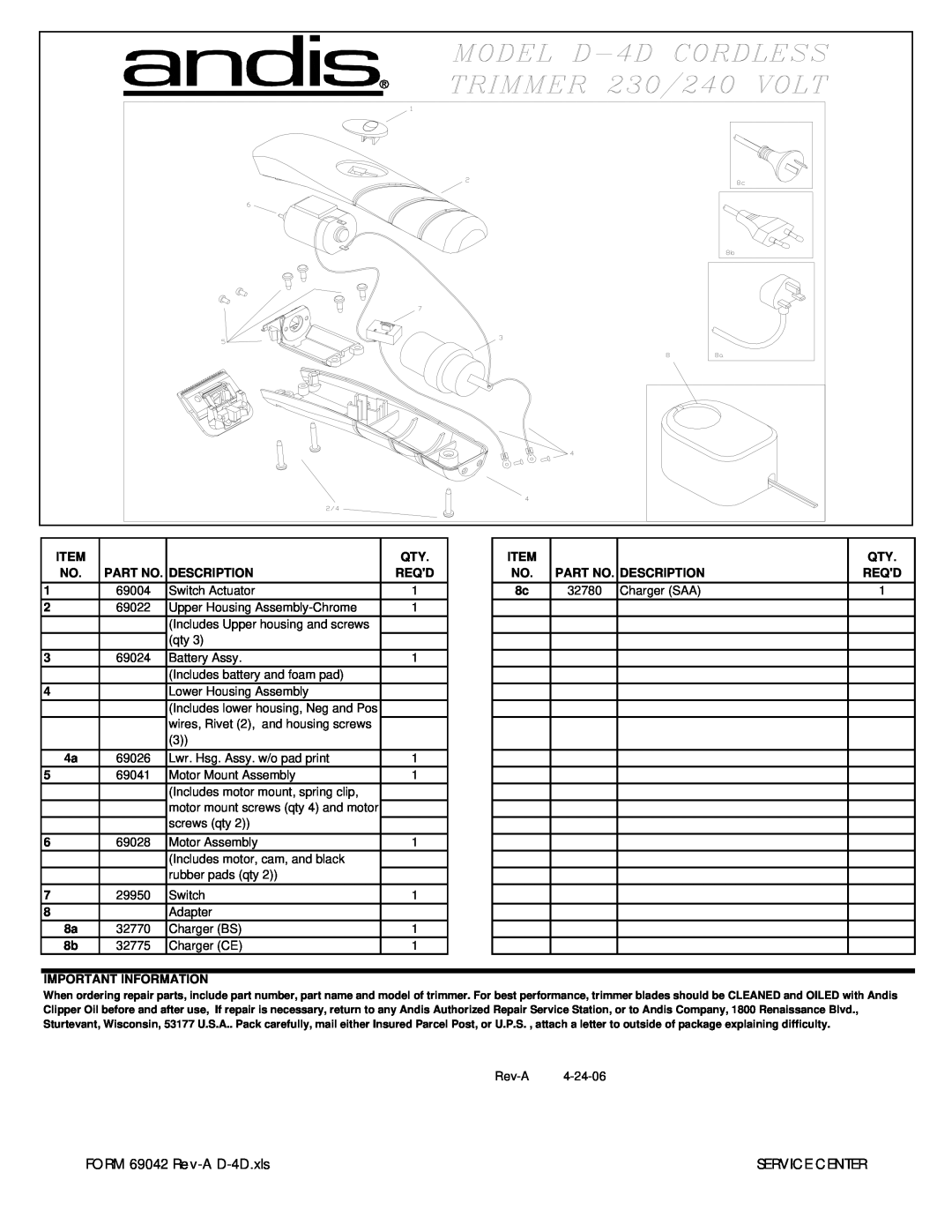 Andis Company manual FORM 69042 Rev-A D-4D.xls, Service Center, Description, Important Information, Qty Reqd 