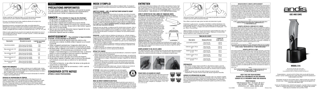 Andis Company D-6 warranty Précautions Importantes, Mode D’EMPLOI, Entretien, Conserver Cette Notice 