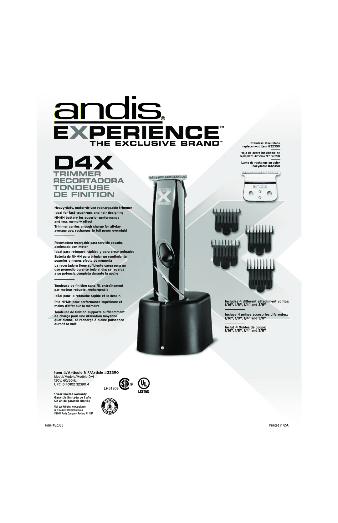 Andis Company D4X manual Trimmer Recortadora Tondeuse DE Finition, Item #/Artículo N./Article #32390 