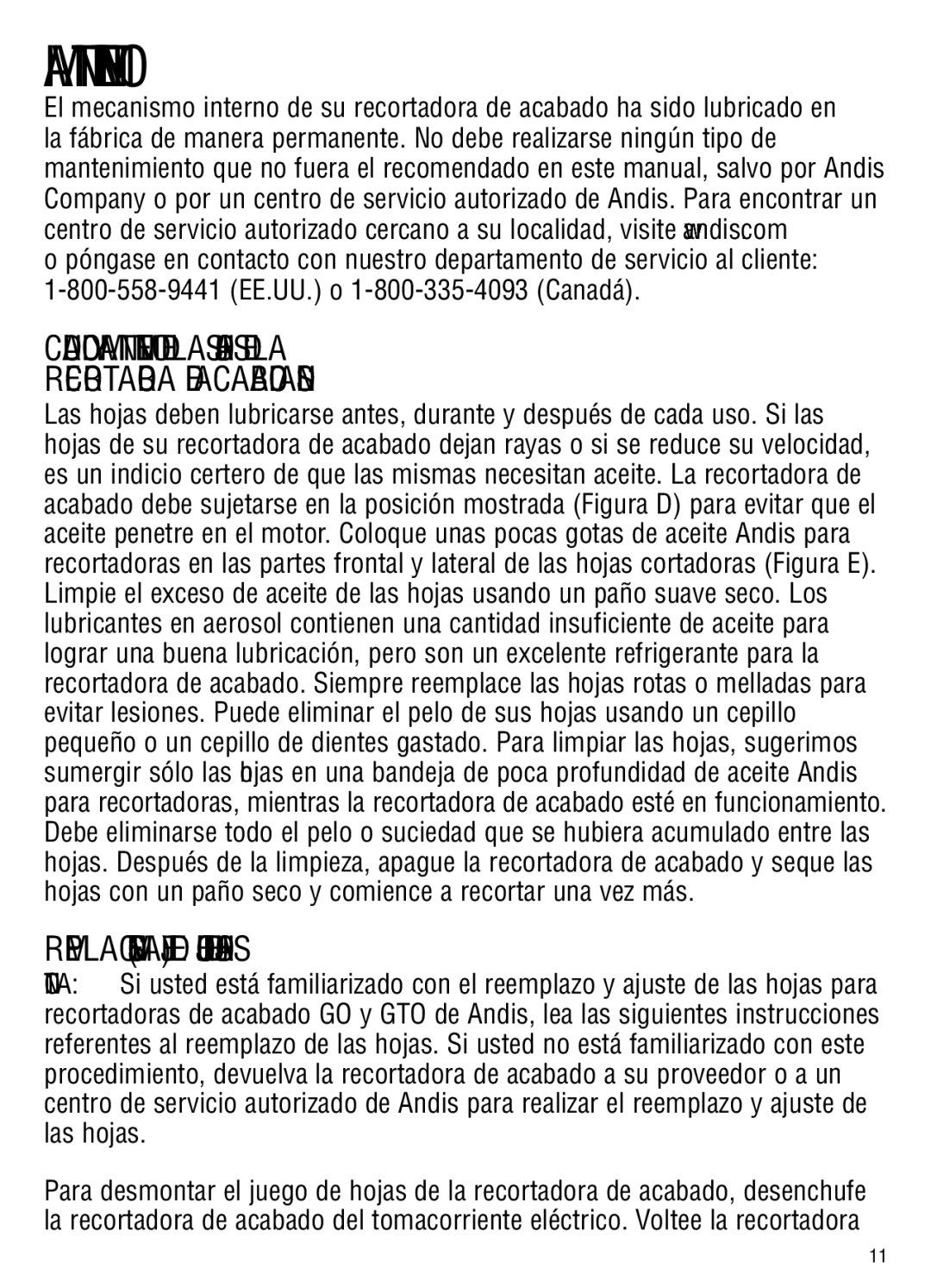 Andis Company gto manual Mantenimiento, Reemplazo Desmontaje DEL Juego DE Hojas 