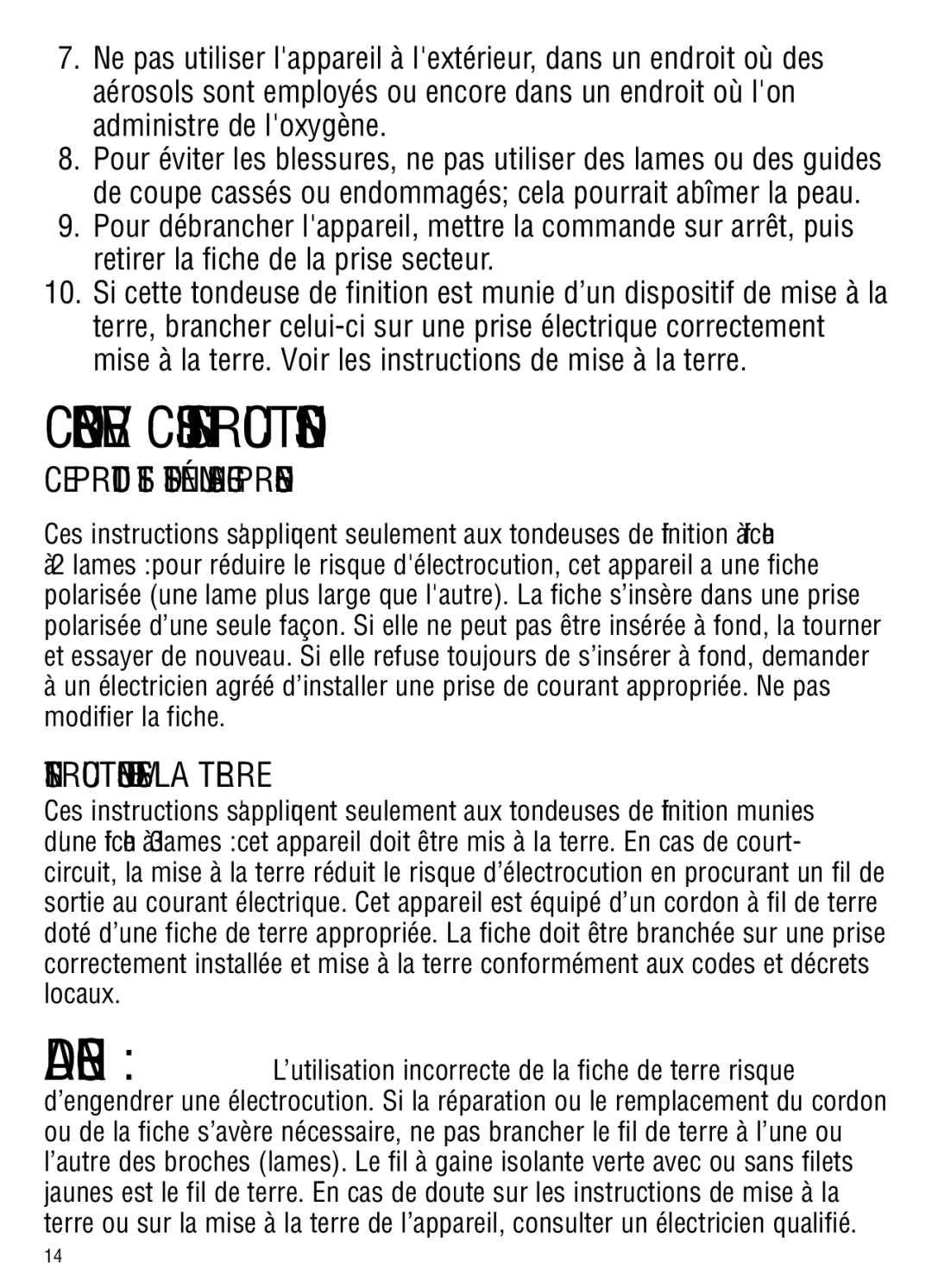 Andis Company go, gto manual Conserver CES Instructions, Instructions DE Mise À LA Terre 