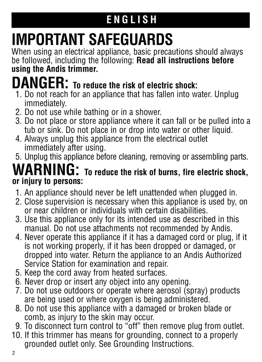 Andis Company go, gto manual Important safeguards 