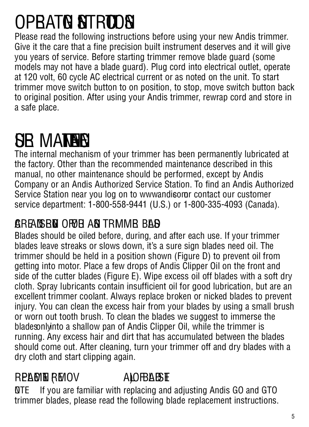Andis Company gto, go manual Operating Instructions, User Maintenance, Replacement Removal of Blade SET 