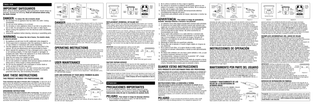 Andis Company go, gto Operating Instructions, User Maintenance, Guarde Estas Instrucciones, Instrucciones DE Operación 