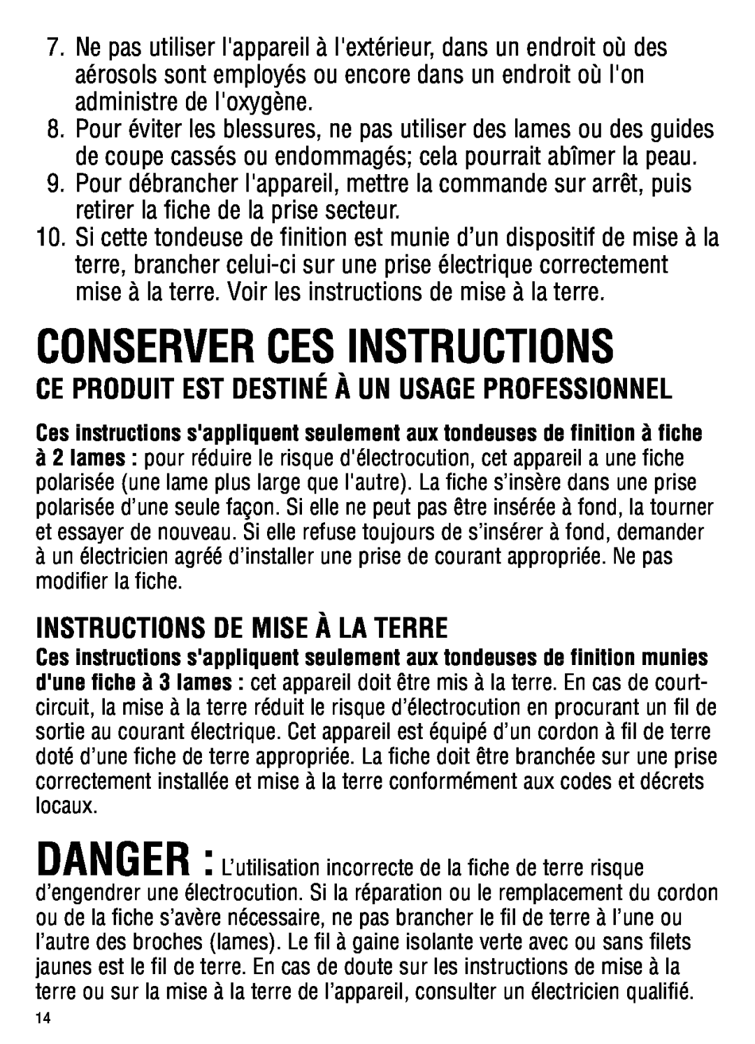 Andis Company go, gto manual Conserver Ces Instructions, Instructions De Mise À La Terre 