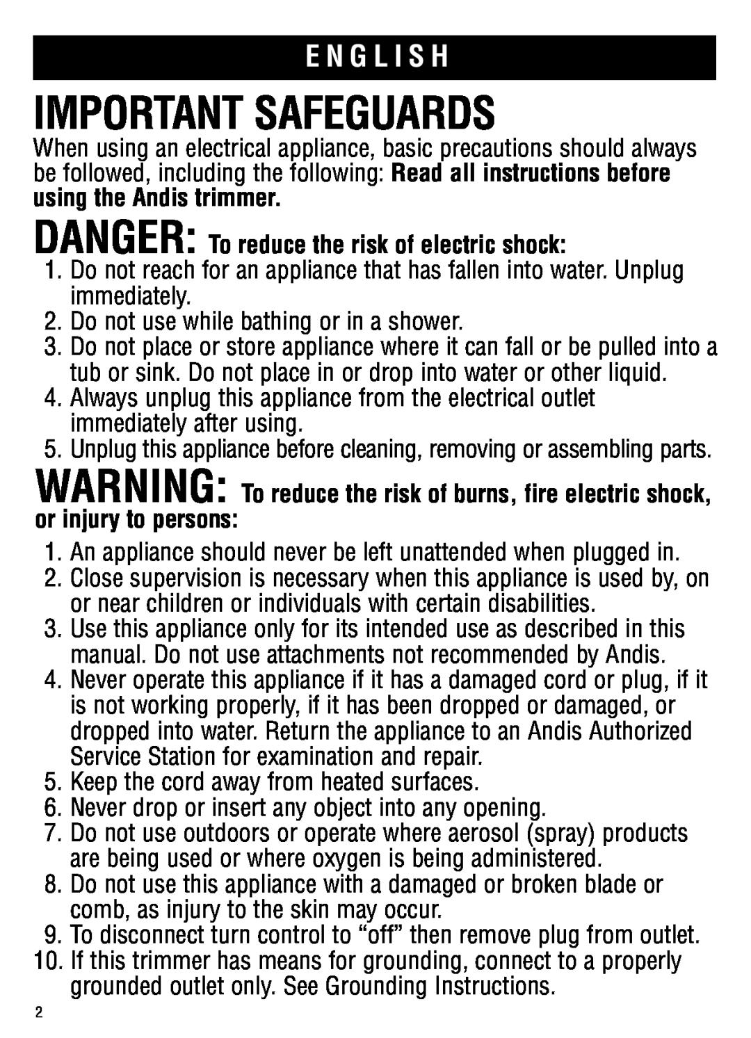 Andis Company go, gto manual important safeguards, E N G L I S H, DANGER To reduce the risk of electric shock 