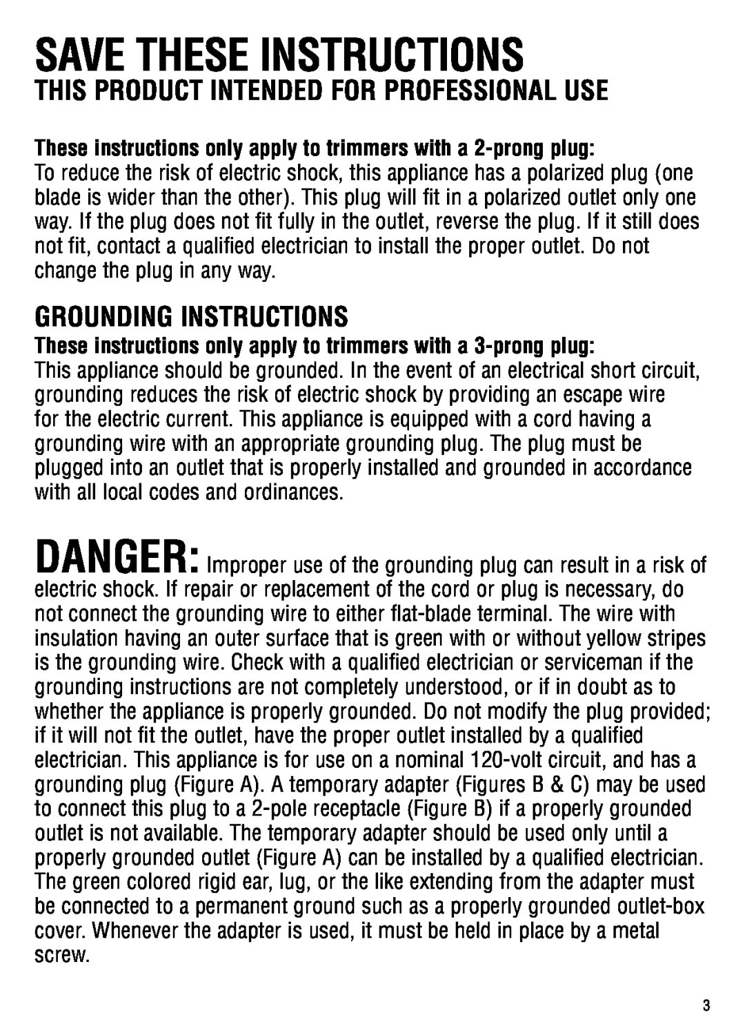 Andis Company gto, go manual save these instructions, This Product Intended For Professional Use, Grounding Instructions 