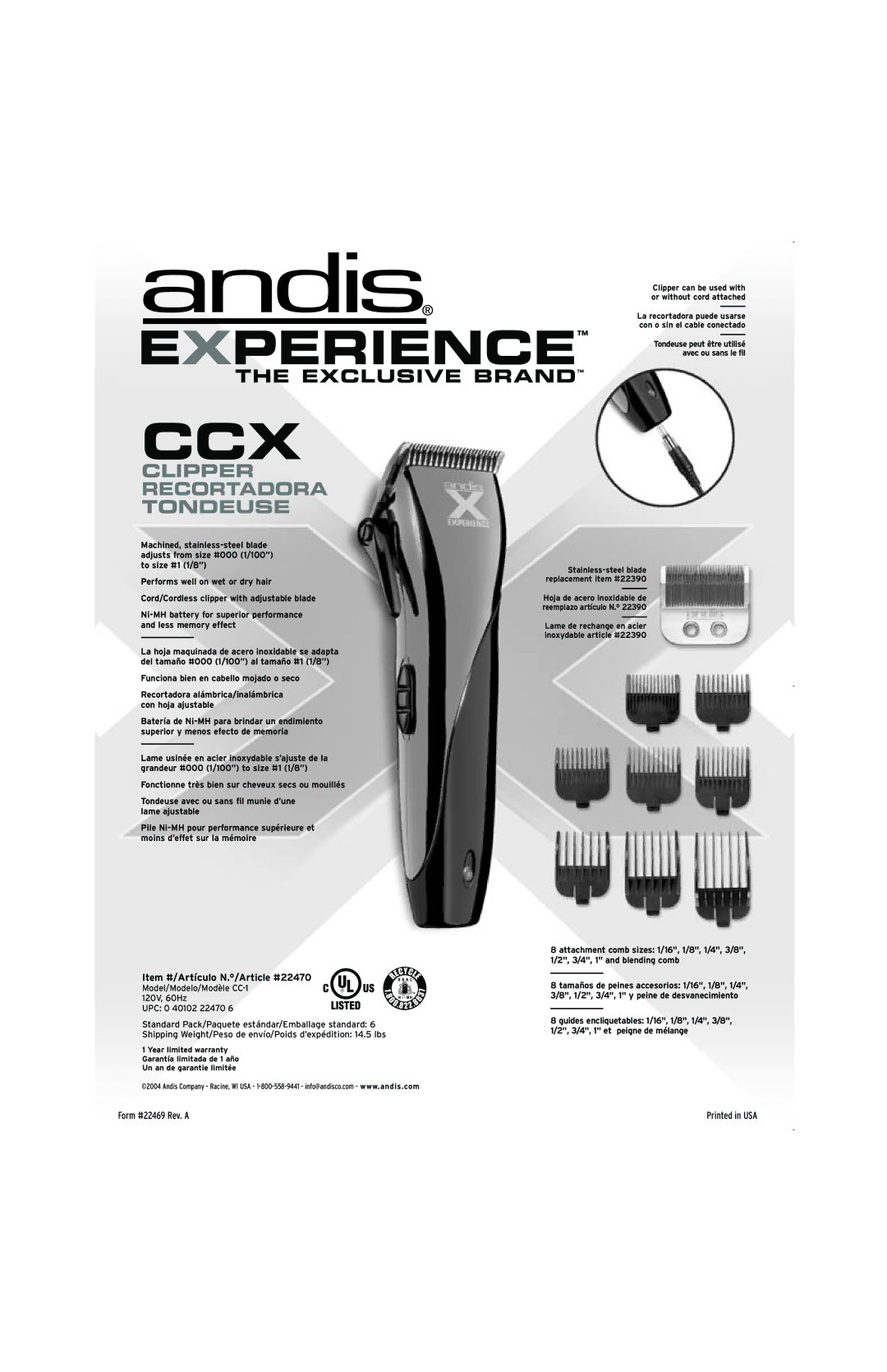 Andis Company Hair Clipper manual Ccx 