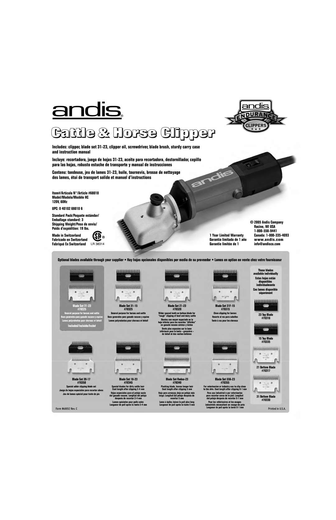 Andis Company HC 120V manual UPC 0 40102 68010, Racine, WI USA, Garantie limitée de Info@andisco.com 