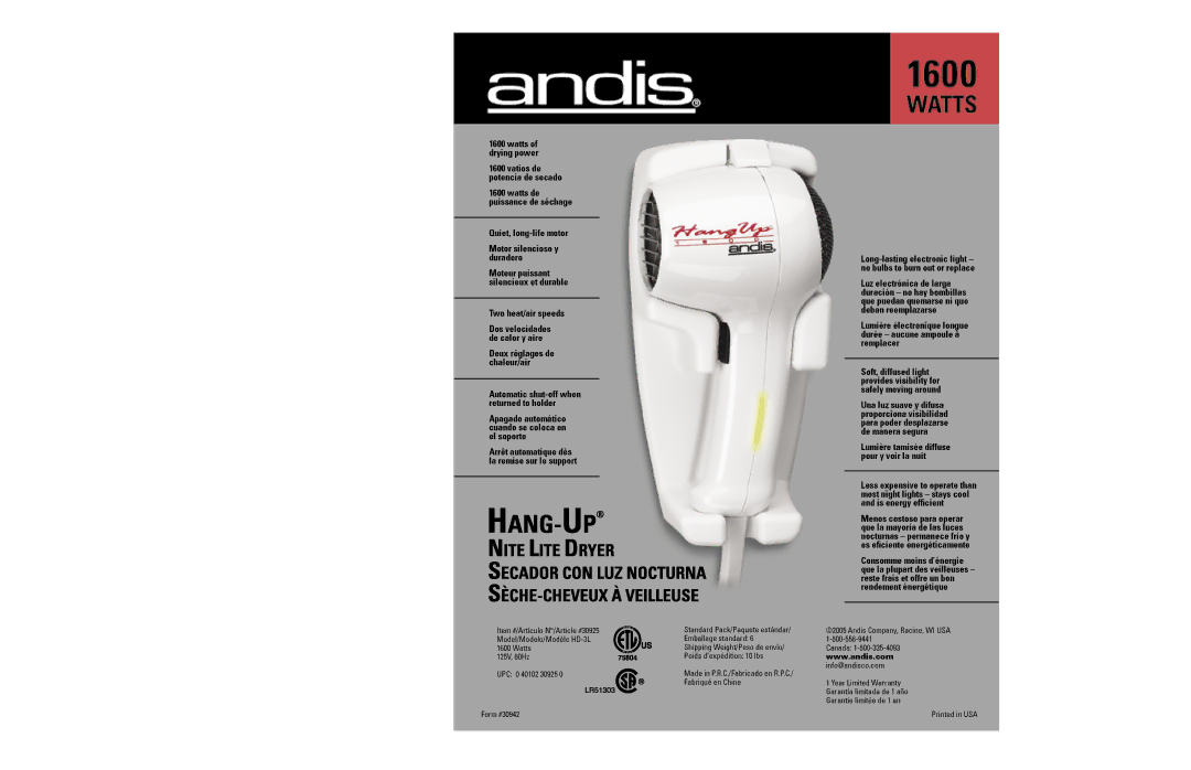 Andis Company HD-3L manual 