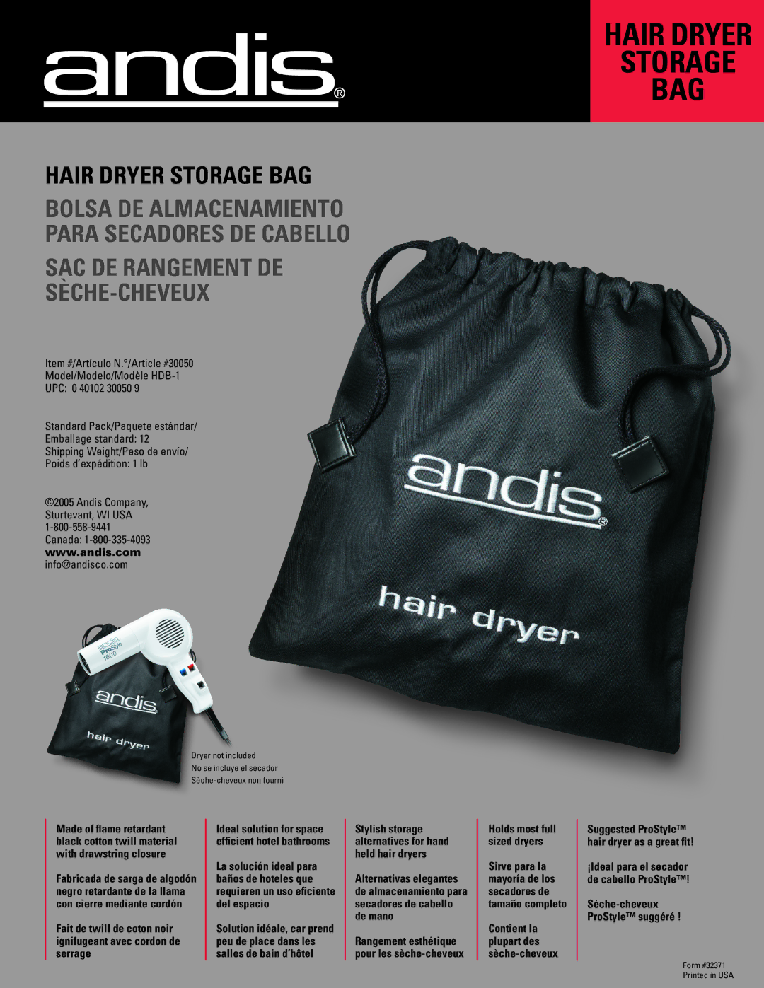 Andis Company HDB-1 manual Hair Dryer, Bag, Info@andisco.com 