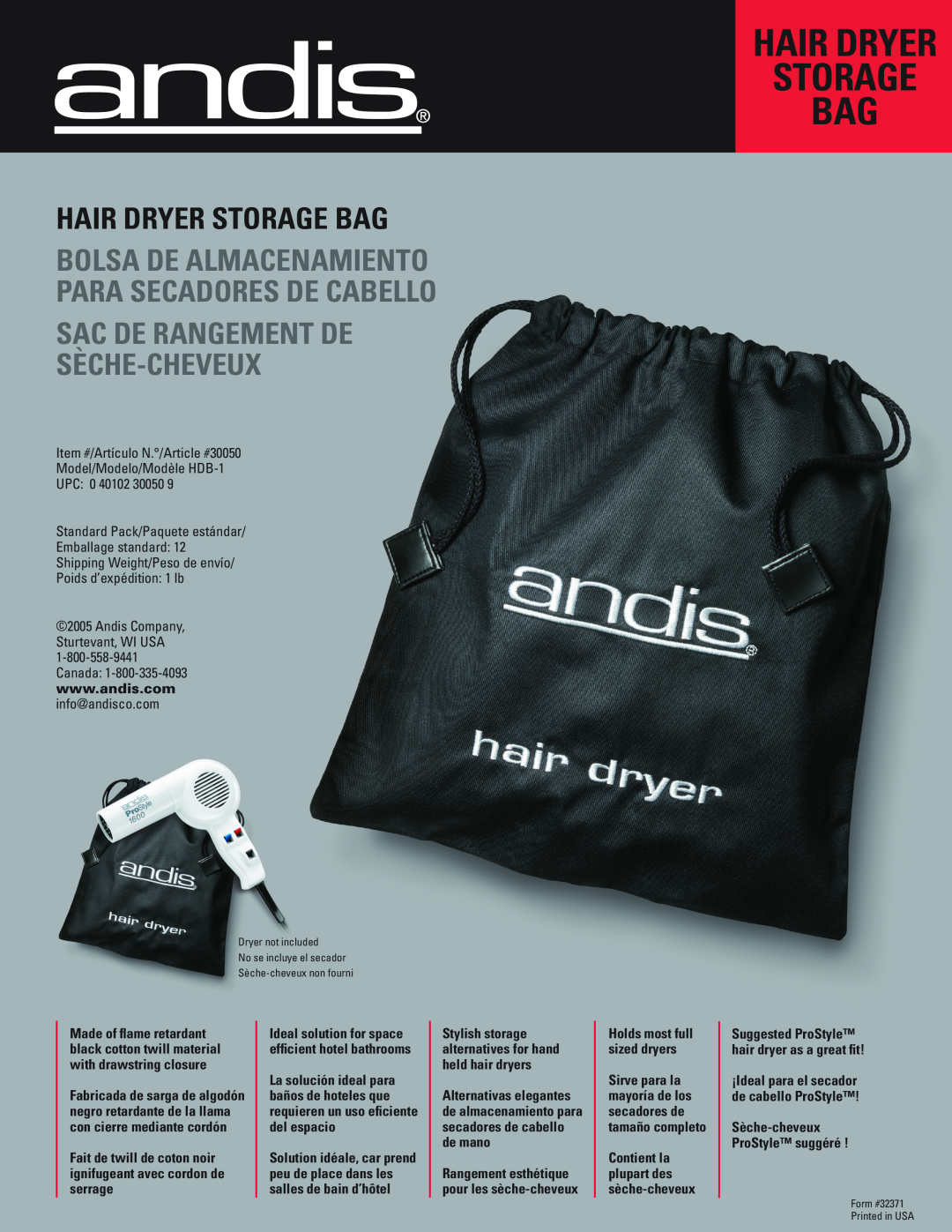 Andis Company HDB-1 manual Hair Dryer Storage Bag, Sèche-Cheveux, info@andisco.com, Sèche-cheveux ProStyle suggéré 