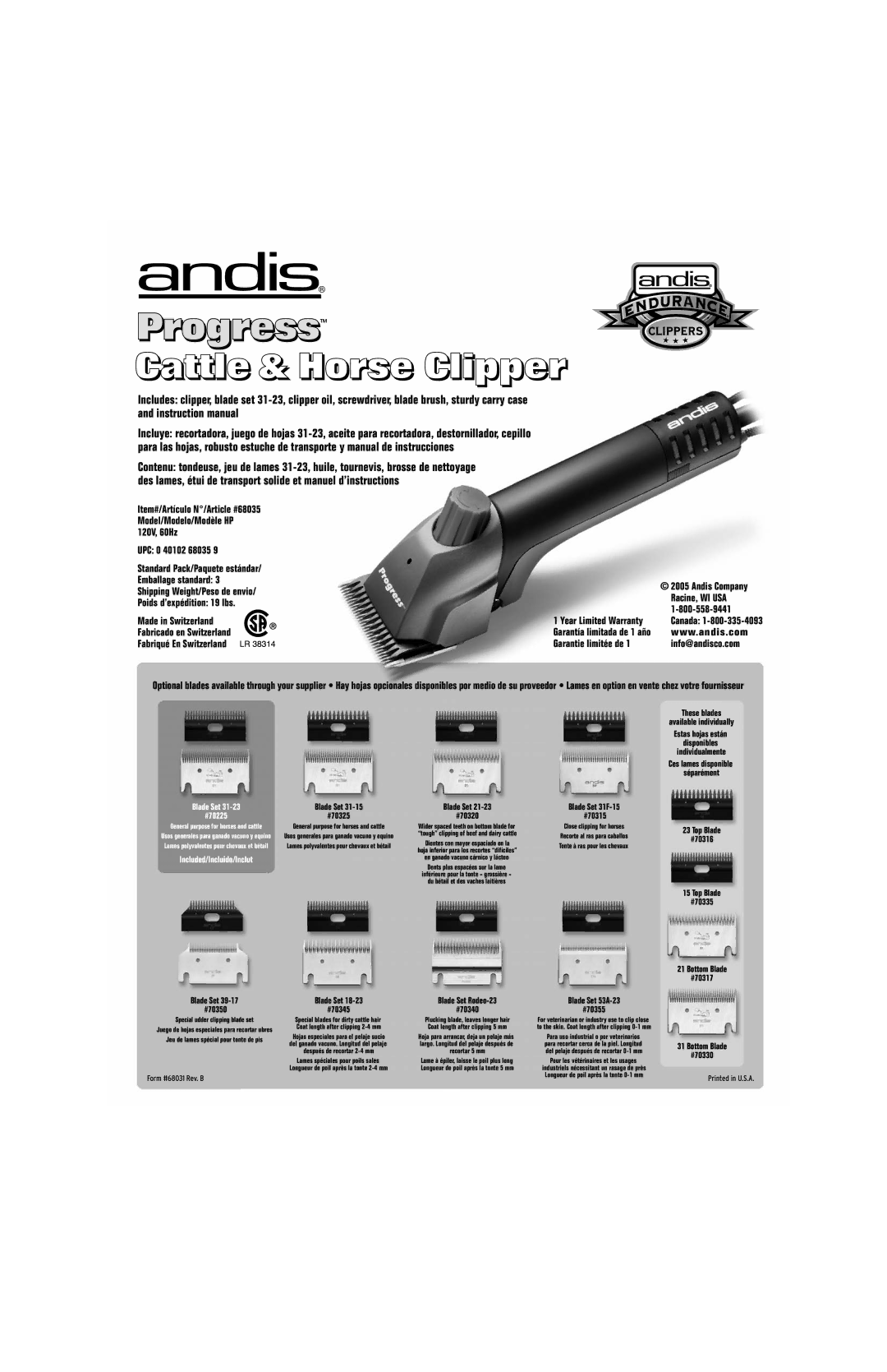 Andis Company HP manual UPC 0 40102 68035, Racine, WI USA, Garantie limitée de Info@andisco.com 