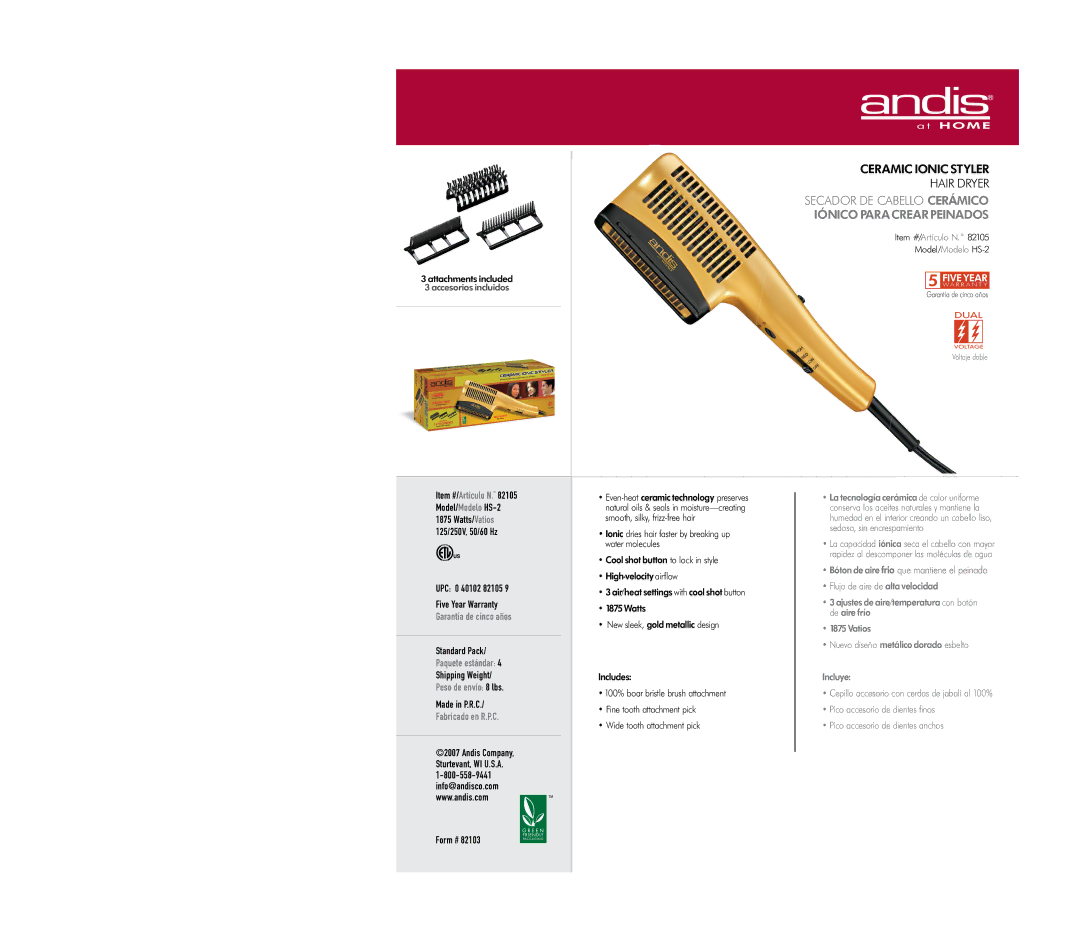 Andis Company 82105 specifications Secador DE Cabello Cerámico Iónico Para Crear Peinados, Form #, Item #//Artículo N.˚ 