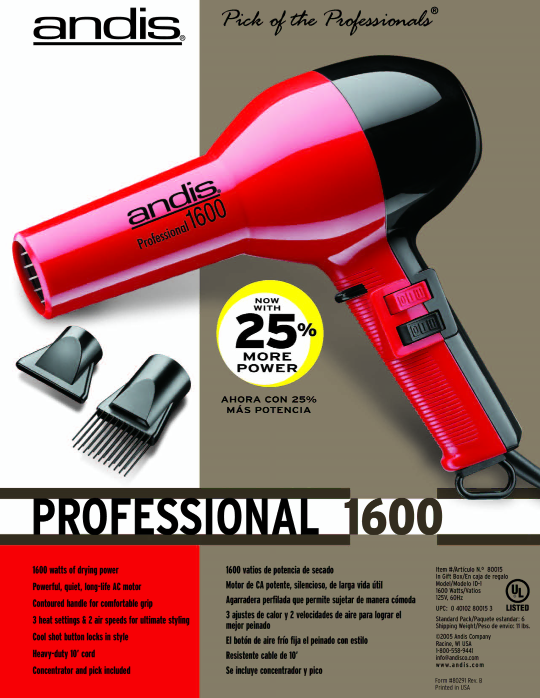 Andis Company ID-1 manual Professional, Se incluye concentrador y pico, UPC 0 40102 80015 