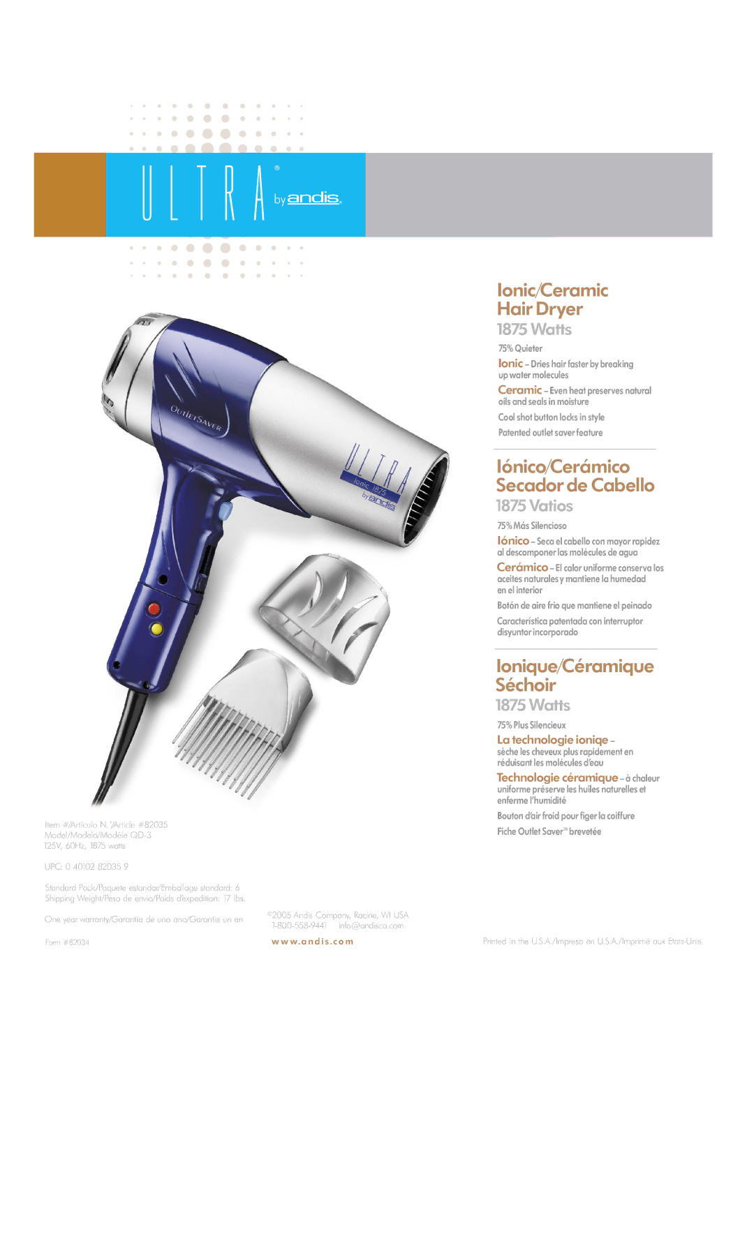 Andis Company Ionic/Ceramic Hair Dryer warranty T R a by, Iónico/Cerámico Secador de Cabello, Ionique/Céramique Séchoir 