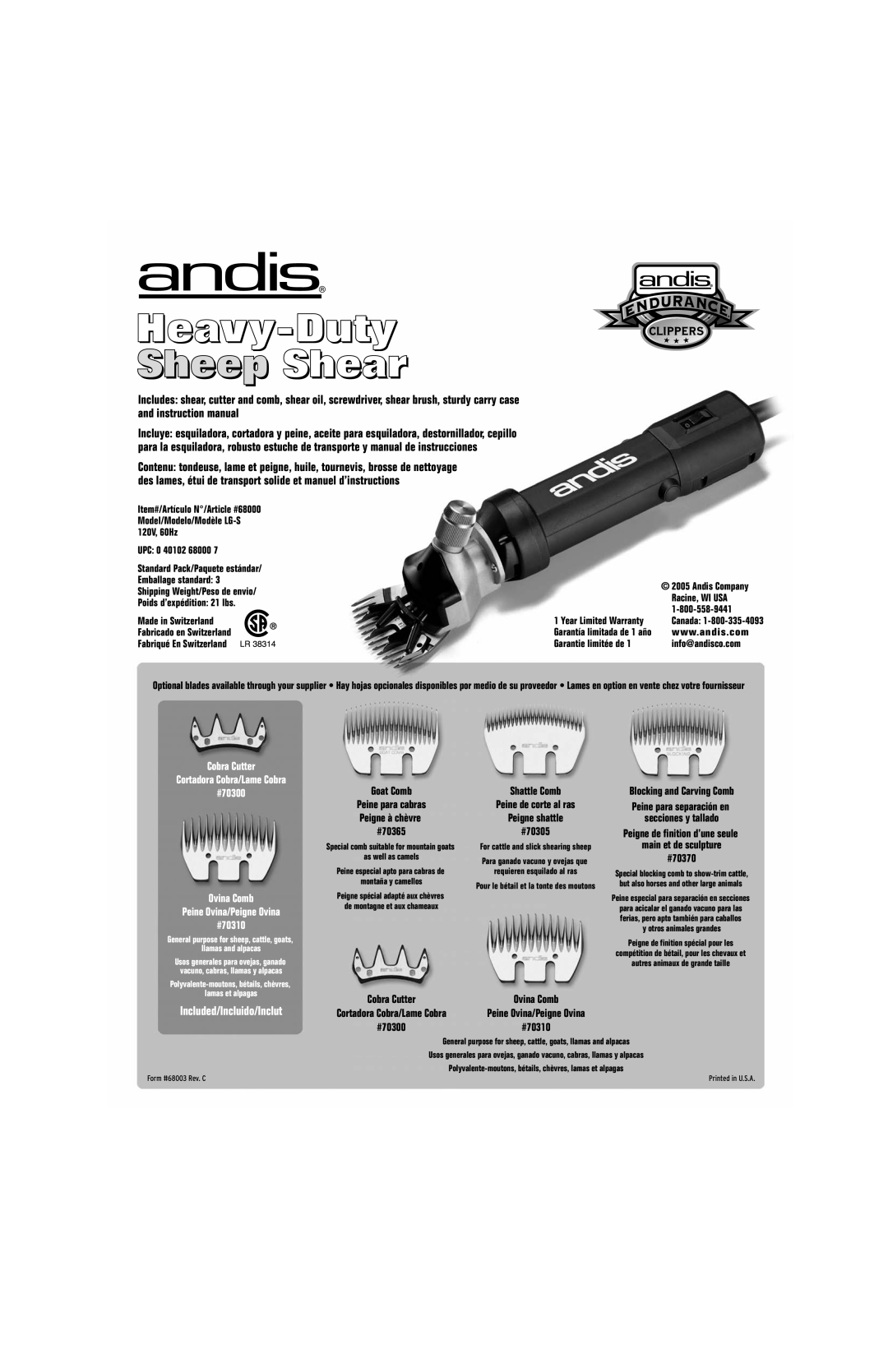 Andis Company LG-S Included/Incluido/Inclut, Cobra Cutter, #70300 Ovina Comb Peine Ovina/Peigne Ovina #70310, Goat Comb 
