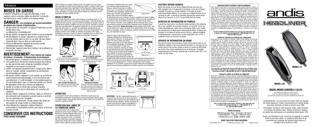 Andis Company LS2 warranty Mode D’EMPLOI, Entretien, Factory Repair Service, Servicio DE Reparación EN Fábrica 