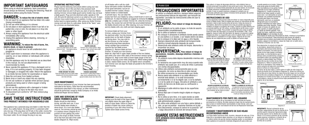 Andis Company LS2 warranty Operating Instructions, User Maintenance, Care and Servicing of Your Andis Trimmer Blades 