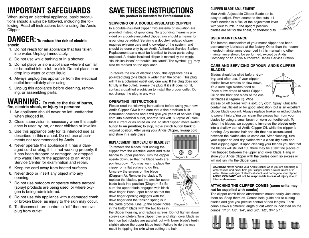 Andis Company MBA warranty Servicing of a DOUBLE-INSULATED Clipper, Operating Instructions, Clipper Blade Adjustment 