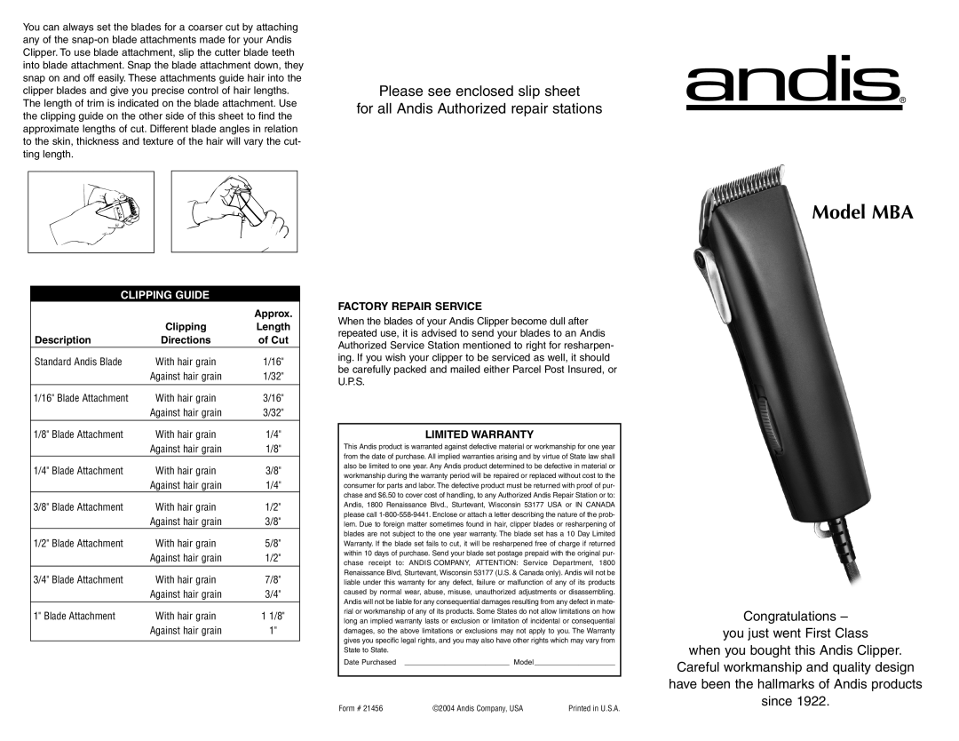 Andis Company warranty Model MBA, Please see enclosed slip sheet, for all Andis Authorized repair stations, Clipping 