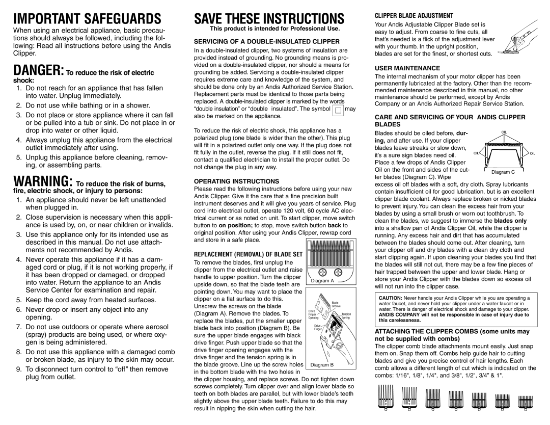 Andis Company MBA warranty Important Safeguards, Save These Instructions, DANGER To reduce the risk of electric shock 