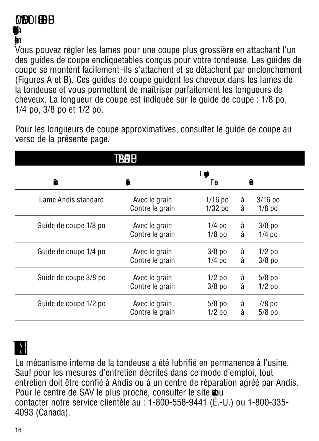 Andis Company MBG-2 manual Mode Demploi DES Guides DE Coupe, Tableau DE Coupe 