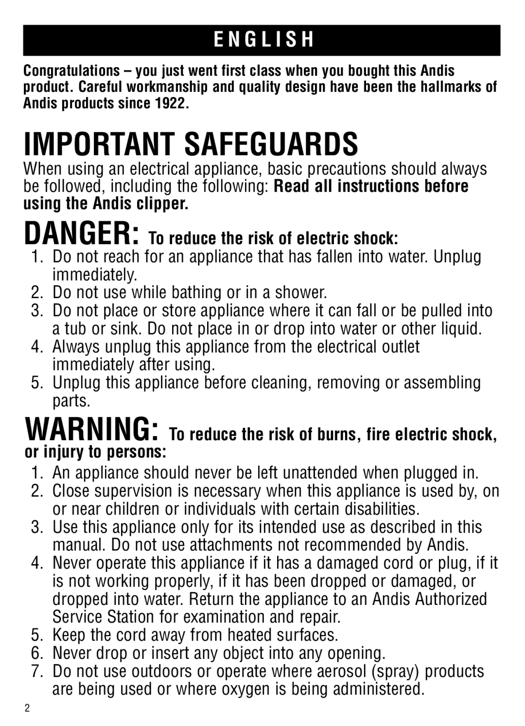 Andis Company MBG-2 manual Important safeguards 