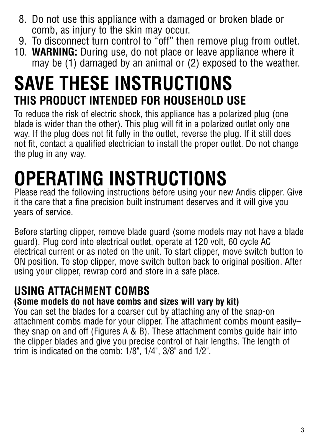 Andis Company MBG-2 manual Operating Instructions, This Product Intended for Household USE, Using Attachment Combs 